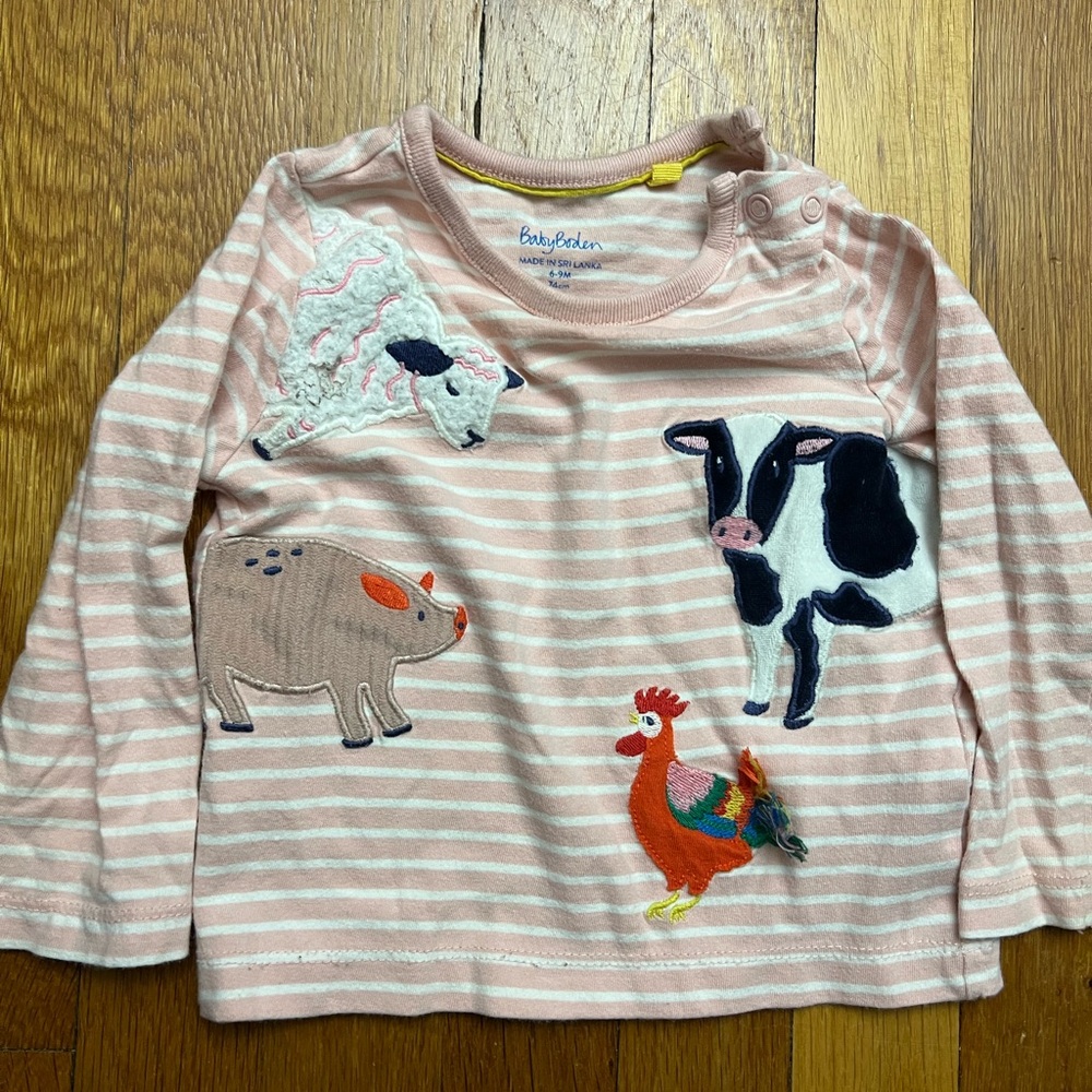 Baby Boden Pink & White Striped Farm Appliqué Long Sleeve Top- size 6-9 months